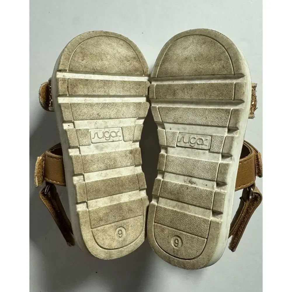 Sugar Girls Toddler Size 9 Gold Glitter Tan Strappy Sandals Hook Loop